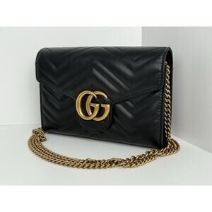 Gucci GG Marmont Black Matelassé Leather Shoulder Bag with Gold Chain